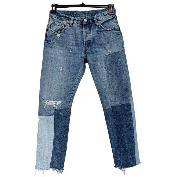 Levi’s SZ W27 L27 Patchwork Jeans Ragged Lands Button-Fly Distressed Frayed Hems - Picture 1 of 12